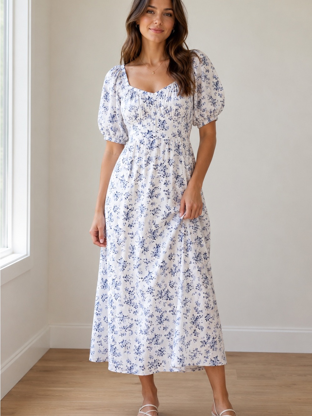 Floral Puff-Sleeve Midi Dress in White & Blue